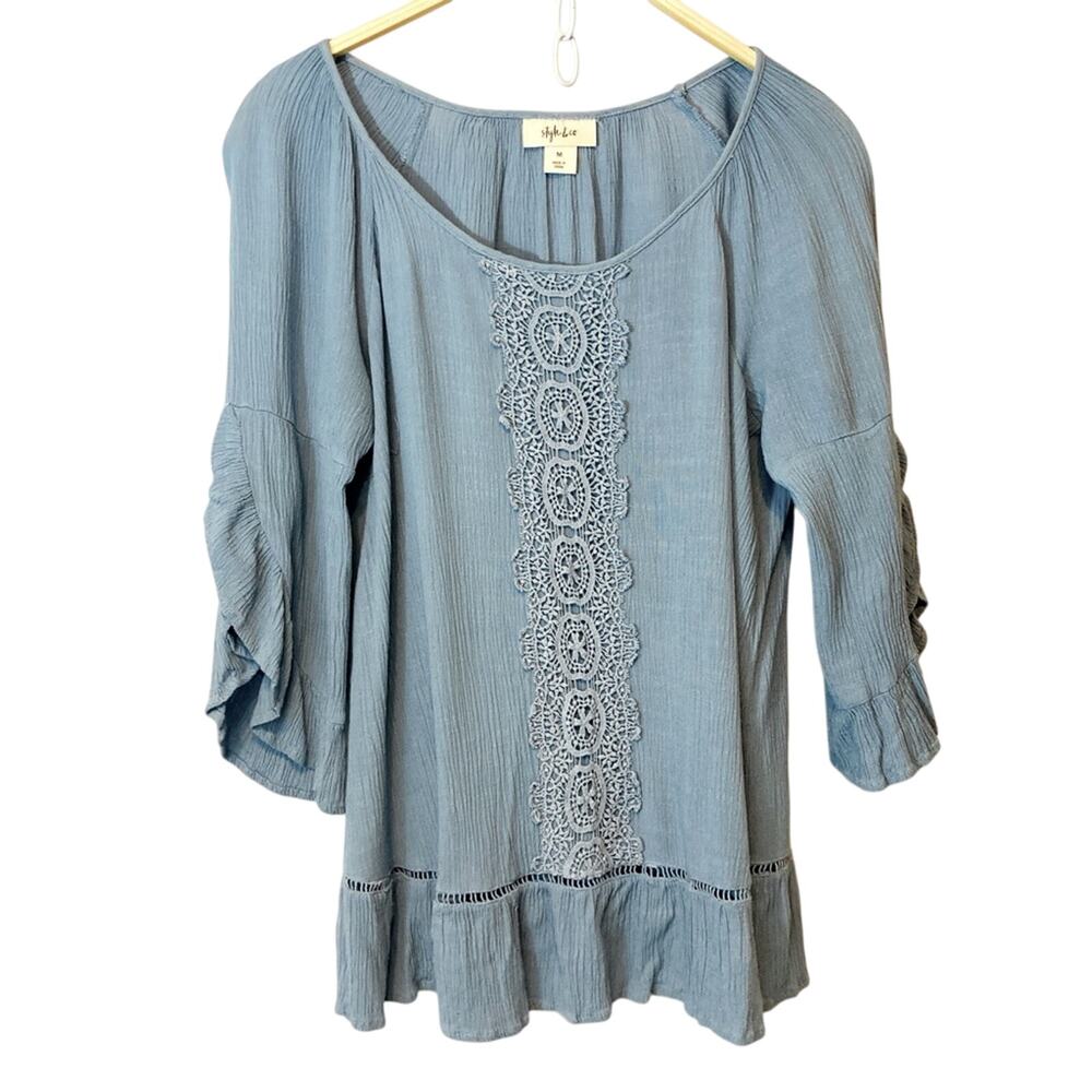 Style and Co. Lightweight Flowy Appliqué 3/4 Flutter Sleeve Tunic Blouse Top